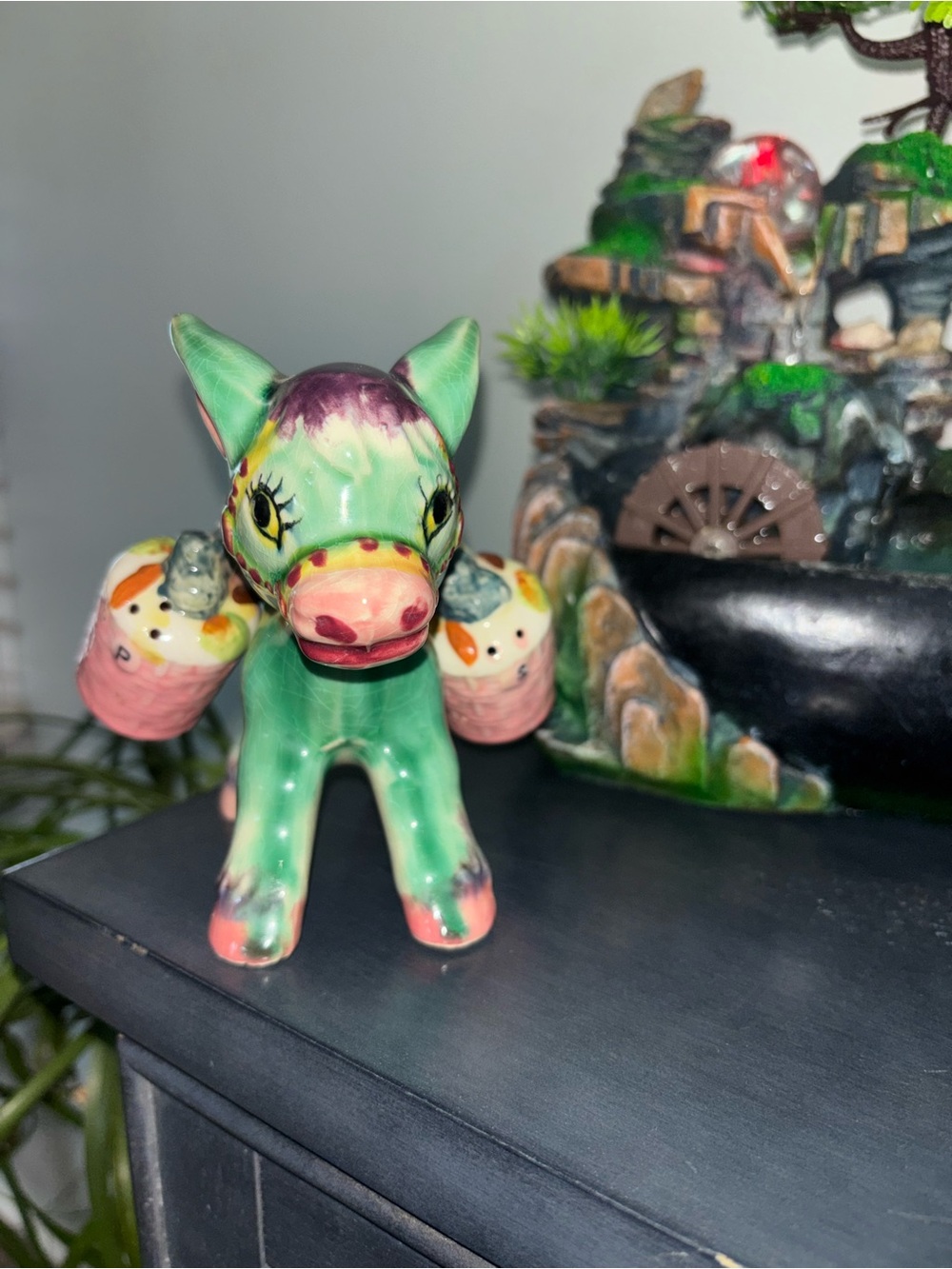 Vintage Japanese ceramic donkey and  saddlebags figurine salt and pepper shakers